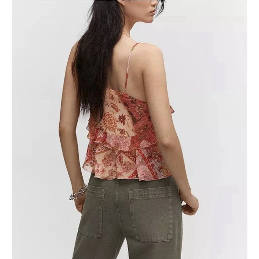 Patchwork Floral Ruffle Tiered Cami Top S MNG Mango Boho Smocked Peplum Summer - Picture 15 of 16